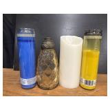 Candles, blue glass prayer candle, a textured