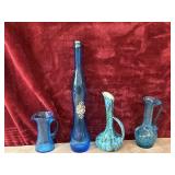 4 pc. vintage blue glass bottle and crackle  bud