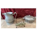 3 pc. Pewter  pitcher ,lidded bowl and iron