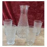5 pc. hobnail pitcher and glasses. Crack in base