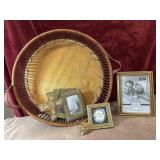 8 pc. woven wicker wooden tray, ornate