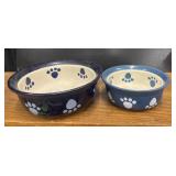 Pair of glazed ceramic pet bowls in shades of