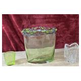 3 pc.  Green votive holder, glass votive candle