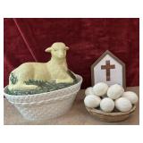 3 pc. porcelain lamb soup tureen, ceramic eggs in