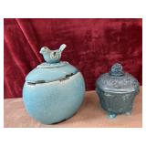 2 pc. turquoise crackle-glazed ceramic lidded jar