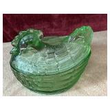 vintage-style green pressed glass hen on nest