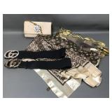 Faux Designer Scarves, Belts & Vintage Handbag