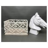 Ceramic Horse Head Sculpture & Knotted Basket