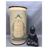 Vintage Metal Umbrella Holder W Asian Print &