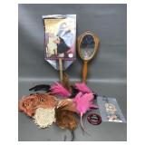 Art Deco Feathers, Crochet Purse, Celluloid Mirror