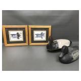 Vtg Wooden Carved Duck Decoys & Art Prints
