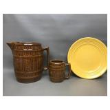 Vtg Glazed Barrell Pottery Pieces & Bauer Plate