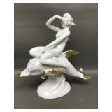Art Deco Lady Riding Dolphin Porcelain W Gold Acnt