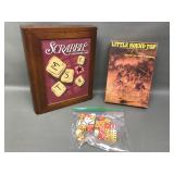 Vtg Little Round Top Game, Wooden Scrabble & Dice
