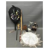 Antique Painted Hand Fan, Wooden Japanese Flute &