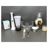 Milk Glass Bud Vase, Fostoria Candle Holder & More