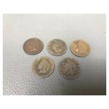 5 Indian Head Antique Pennies Us Currency