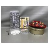 Vintage Button Tin, Rhinestones, Feather Hat &