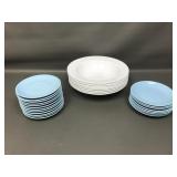 Corelle Vitrelle Bowls & Vtg Aqua Stoneware Plates