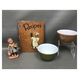 Antique Wooden Recipe Book, Pyrex Mixing Bowls