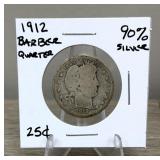 1912 Barber Quarter Dollar 90% Silver Coin 25