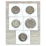 Lot of (5) 1964-D Kennedy Half Dollars 90% Silver