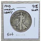 1945 Walking Liberty Half Dollar 90% Silver Coin
