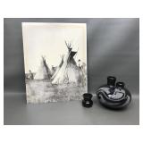 Vtg Mexican Black Pottery, Teepee Art Print & Bud/