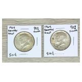 (2) 1964 Kennedy Half Dollars 90% Silver Coins