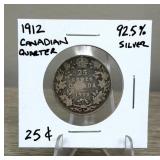 1912 Canadian Quarter 92.5% Silver Coin
