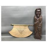 Antique Pankha Hand Fan & Wooden Carved Monk