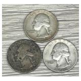 (3) 90% Silver Washington Quarters Silver Coins