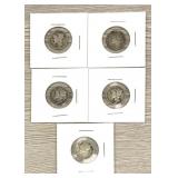 (5) Mercury Dimes 90% Silver Coins 10 Cents