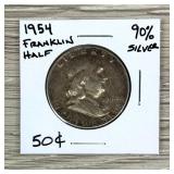 1954 Franklin Half Dollar 90% Silver Coin 50 Cents