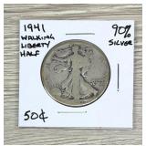 1941 Walking Liberty Half Dollar 90% Silver Coin