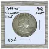 1949-D Franklin Half Dollar 90% Silver Coin 50