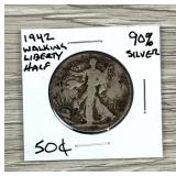 1942 Walking Liberty Half Dollar 90% Silver Coin