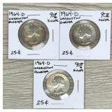 (3) 1964-D Washington Quarters 90% Silver Coins