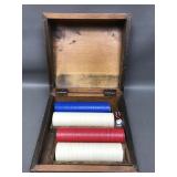 Vtg Wooden Poker Chip Box W Chips & Dice