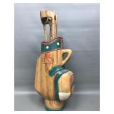 Vtg Wooden Carved Golf Bag & Clubs