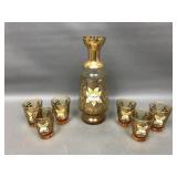 Stunning Vintage Amber Czech Glass Decanter & Shot