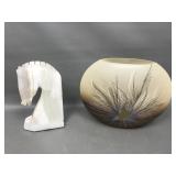 Heron Glass Painted Vase & Onyx Horse Bookend
