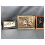 Framed Ee Evans Hunting Dogs, Copper Etched Bird