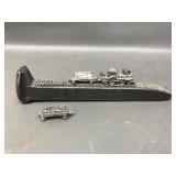 Vtg Railroad Spike Art, Mini Pewter Train+pyrite