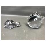 Vtg Clear Glass Art Pufferfish Paperweight +turtle