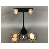 Vintage Florenza Cameo Brooch, 3 Muse Earrings &