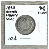 1853 Seated Liberty Dime 90% Silver Coin