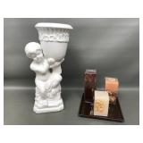 13in Tall Ceramic Cherub Planter &  Avon Tier