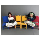 Vtg Sleepy Eyed International Dolls & Wood Chairs