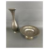 Indian Brass Floral Etched Vase & Bowl